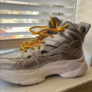 Silver and Yellow High-Top Sneakers